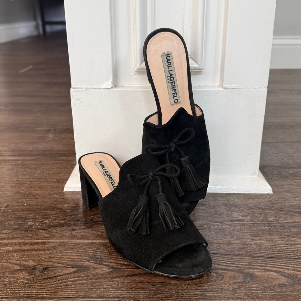 Karl Lagerfeld Paris Holly Black Suede Tassel Mule Heels 7.5 - Picture 1 of 8